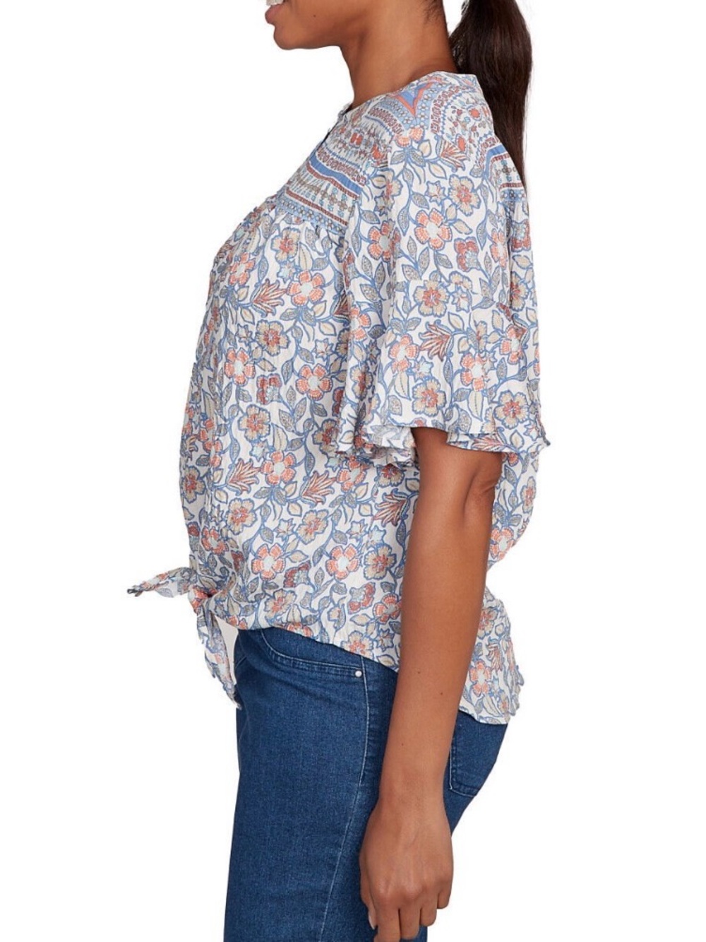 Ruby Rd. Women's Vintage Floral Tie Front Henley Tee in Blues/Orange (Size L) - Picture 4 of 11